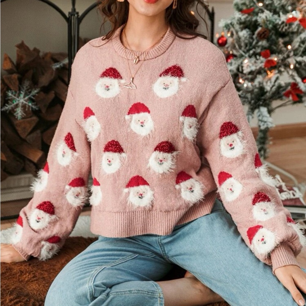 Drop Shoulder Santa Clause Ugly Christmas Sweater Pattern Sweater - Picture 5 of 8